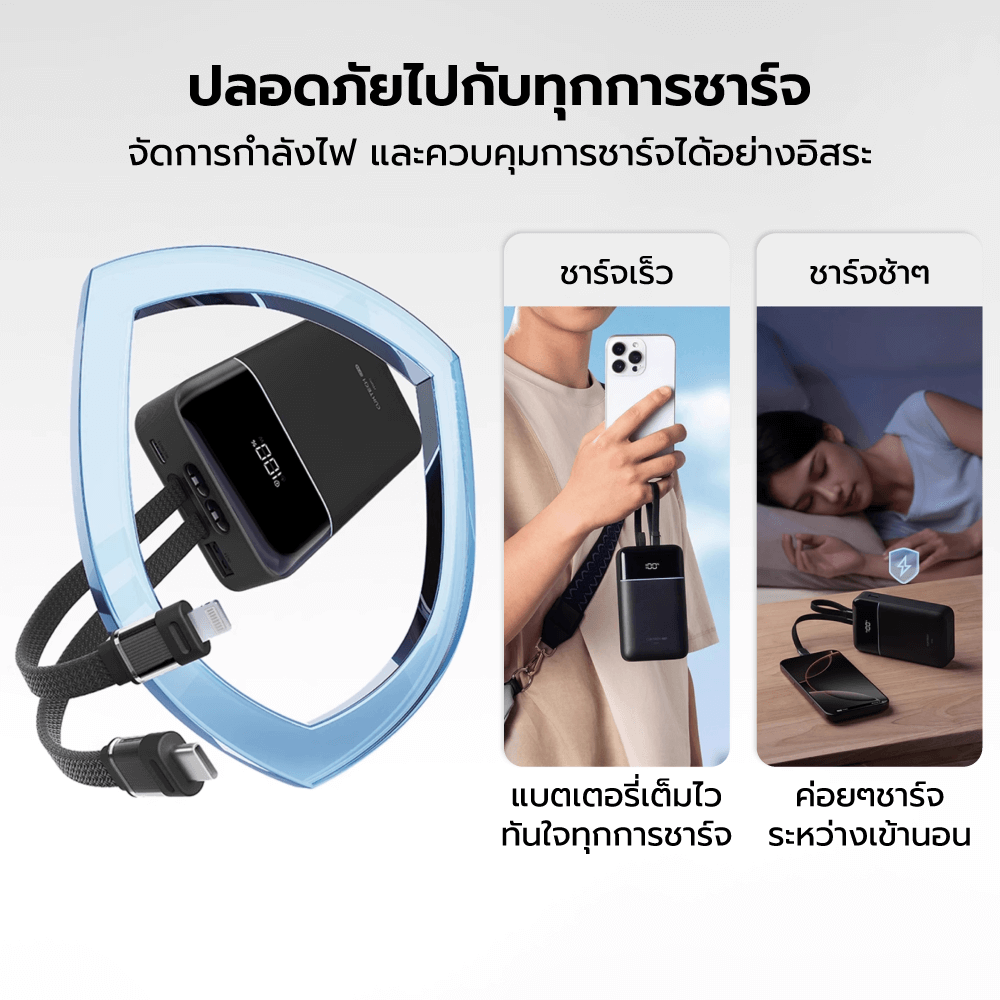 แบตสำรอง CUKTECH LPB200NL สีดำ 20000 MAH มาตรฐาน CCC ชาร์จเร็วพร้อมสาย USB-C 40W และ USB-A 22.5W